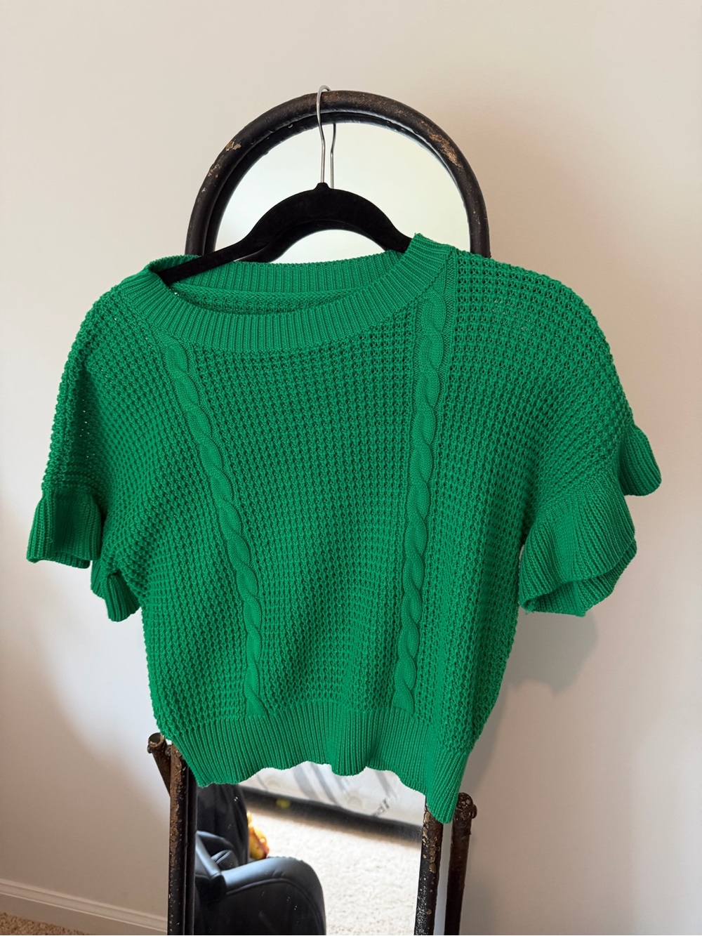 Green Cable Knit Short Sleeve Sweater